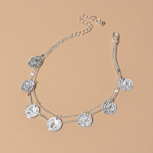 1 pc Boho Chic Double layer Silver Chain Cion Charm Anklet Foot Beach Jewellery-1