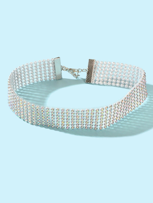 Sparkly Silver Wide Rhinestone Choker Necklace Festival Collar Neck Jewellery-1