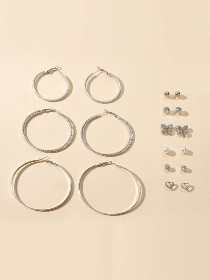 9 pairs Earrings set Rhinstone Ball Pearl Heart Bow Stud Gold Silver Hoop Jewelry-1