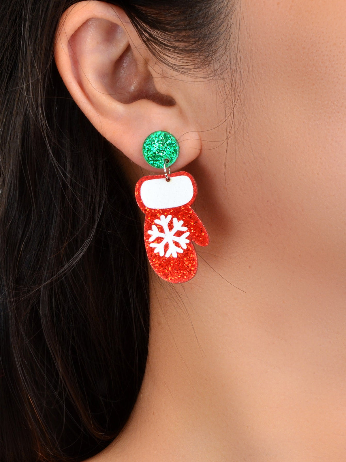 Christmas Series Jewellery Gift Snowflake Pattern Red Glove Dangle Stud Earrings-1