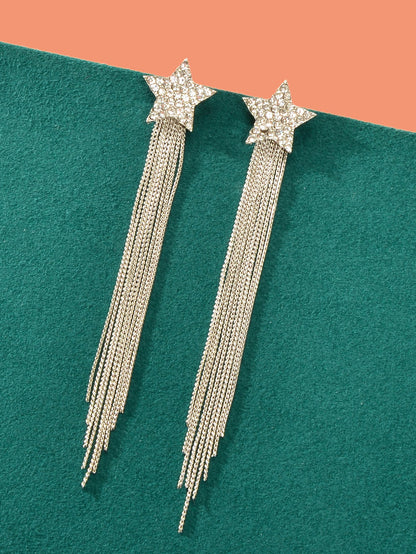 Elegant Luxury Rhinestone Decor Star Long Silver Chain Tassels Dangling Earrings-1