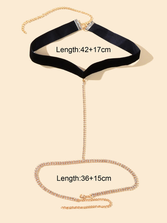 1pc Sexy Body Jewelry Gold Chain Crystal Black Velvet Bikini Stretchy Leg Chain-1
