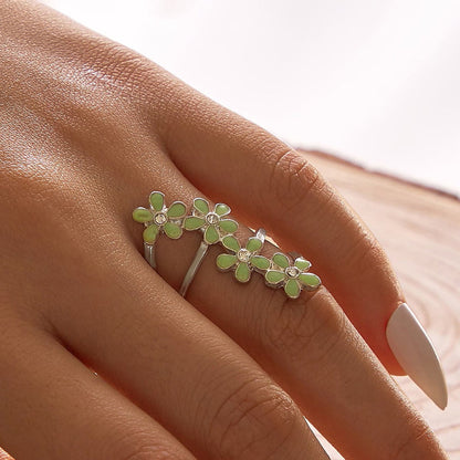 Elegant Jewelry Green Black Enamel Flower Finger Ring Wedding Band Comfort Ring-0