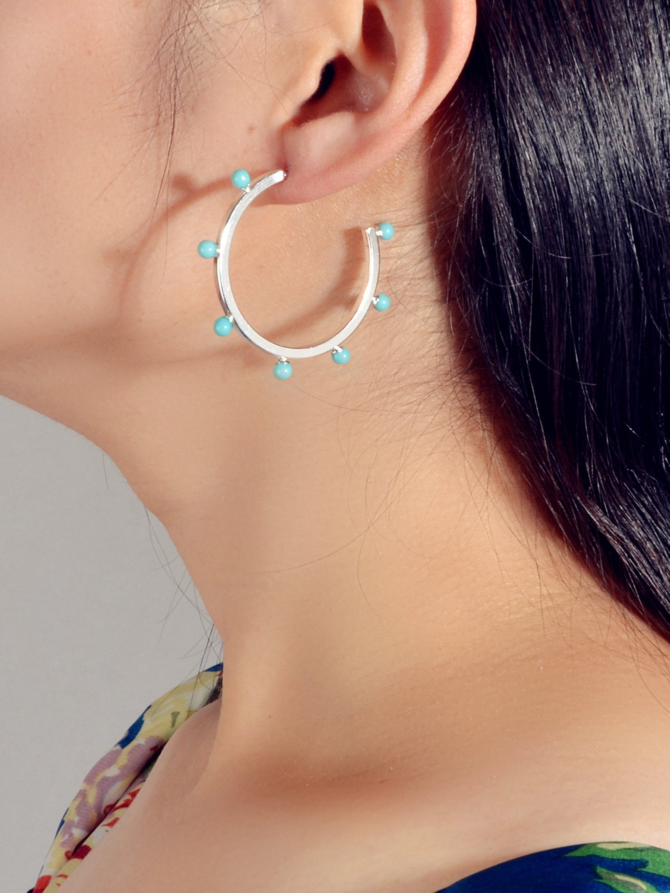 Designer Stylish Blue Hotpink Beads Silver Circle C Hoop Huggie Stud Earrings-1