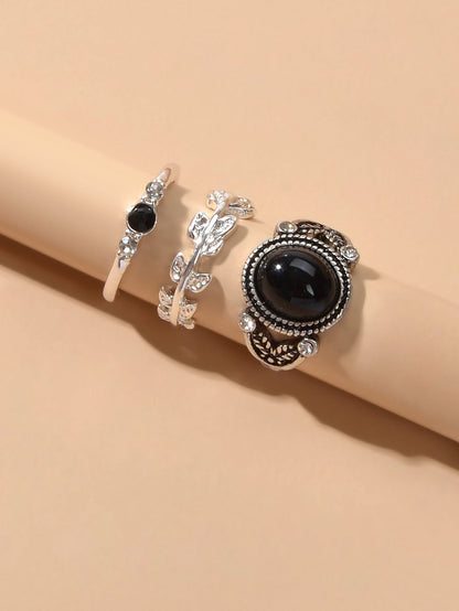 3 pcs Vintage Antique Leaf Geometric Multiple Stackable Punk Finger Rings Set-1