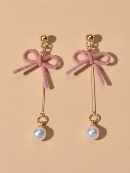 Charming Long Gold Chain Pearl Bowknot Dangle Lightweight Gift Holiday Earrings-1