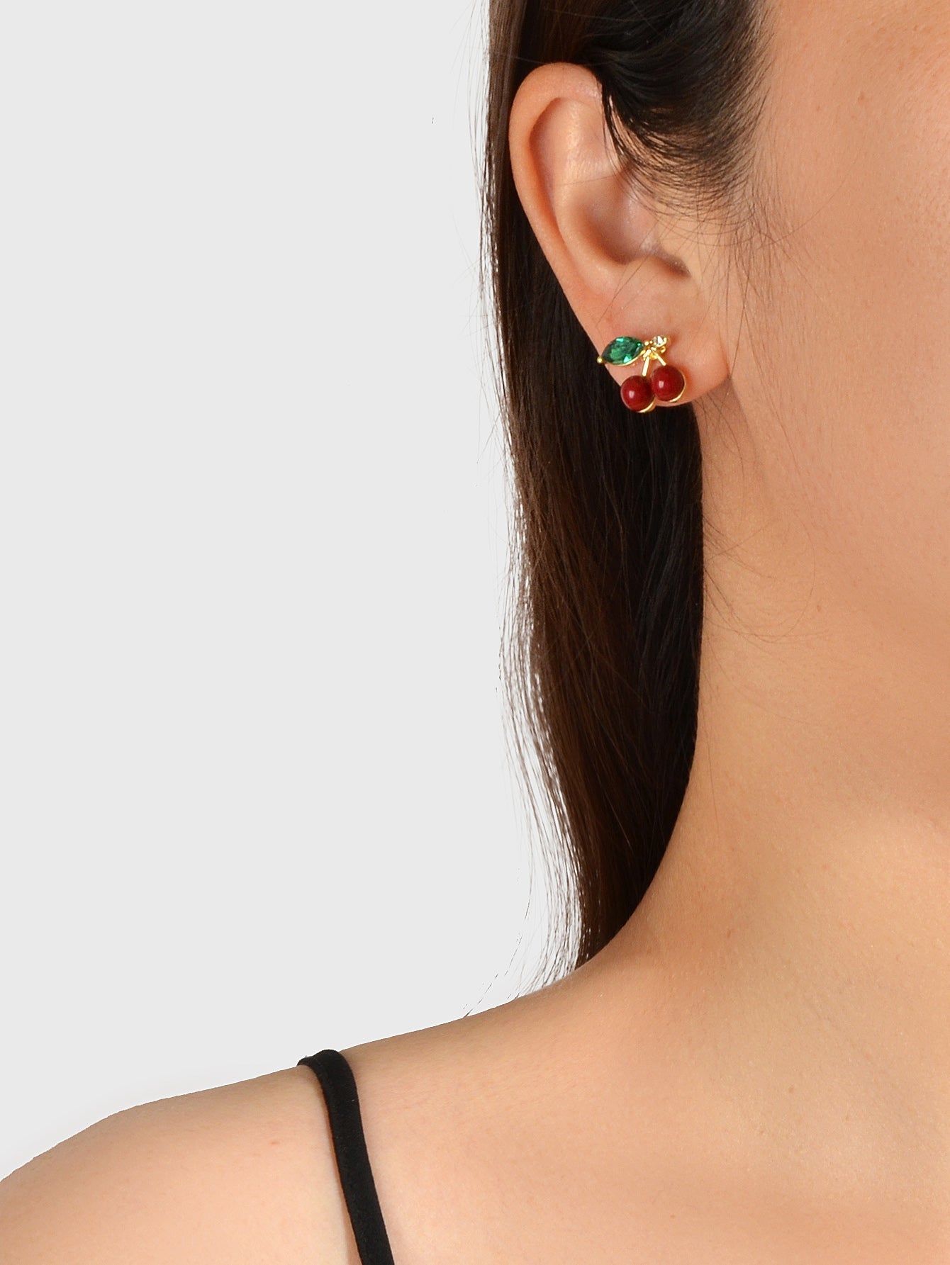 Lovely Fruit Jewellery Green Crystal Leaf Red Beads Stud Elegant Cherry Earrings-1