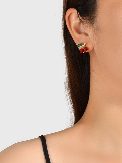 Lovely Fruit Jewellery Green Crystal Leaf Red Beads Stud Elegant Cherry Earrings-1