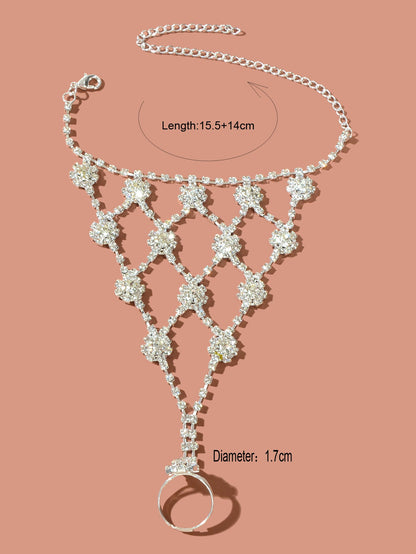 Beach Rhinestone Flower Anklet Barefoot Sandals Silver Foot Chain with Toe Ring-1