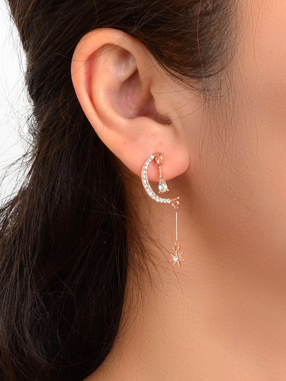 Wedding Rosegold Rhinestone Moon Dangle Drop Chandelier Teardrop Bridal Earrings-1
