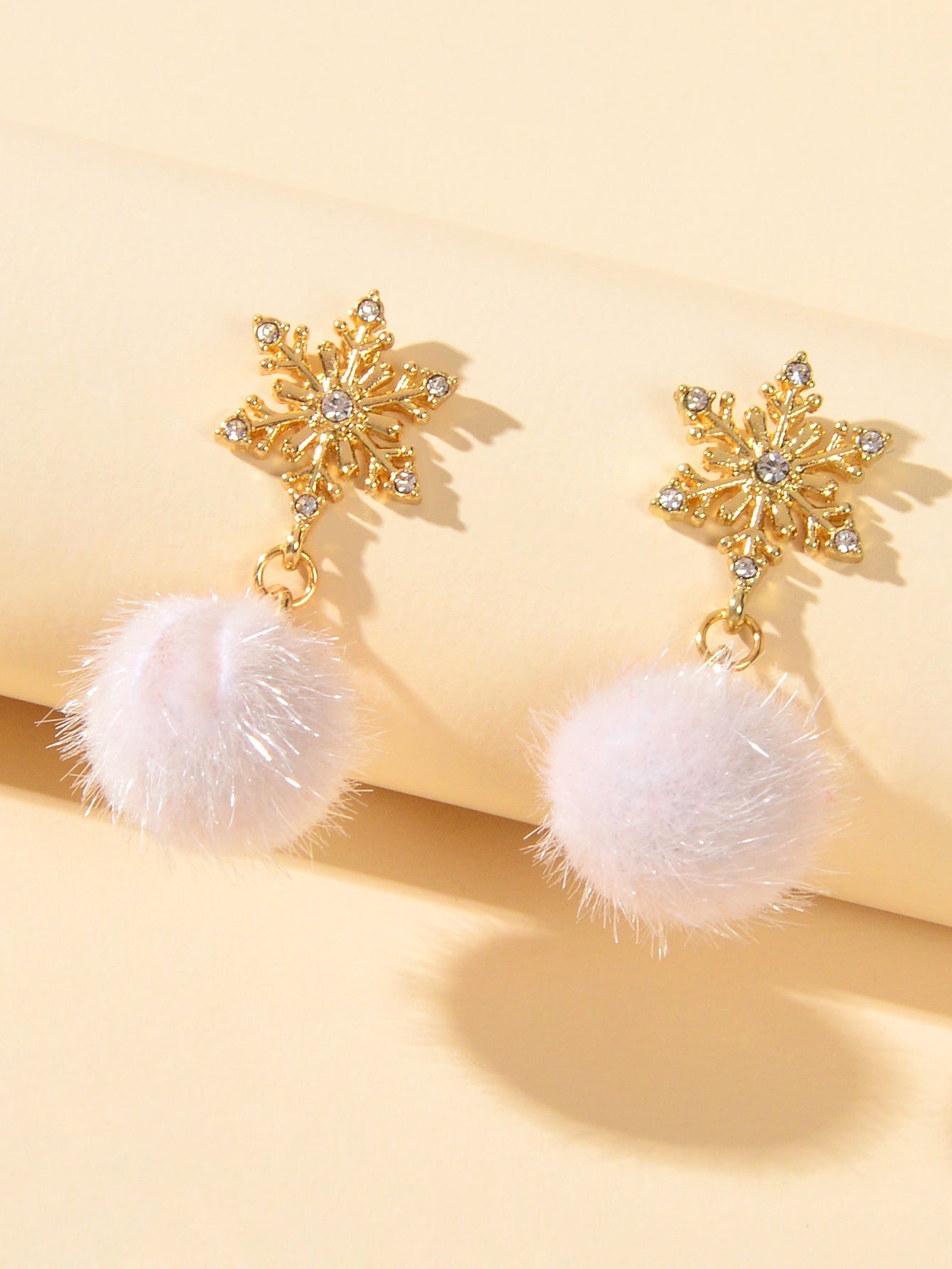 Gold Snowflake Pom Pom Dangle Earrings Round Faux Fur Ball Christmas Earrings-1