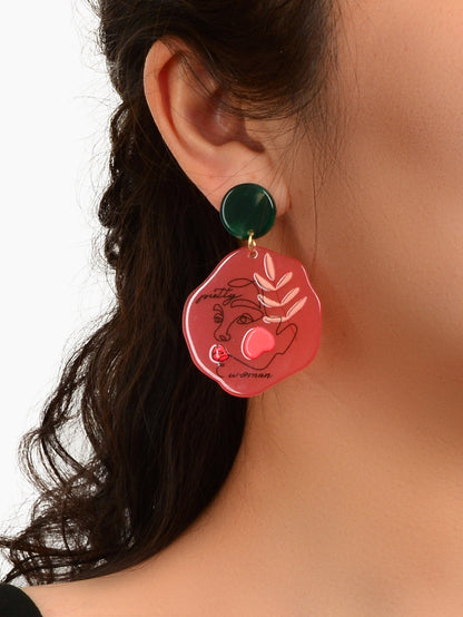 Statement Fun Acrylic Portrait Pattern Red Chunky Vintage Dangle Resin Earrings-1