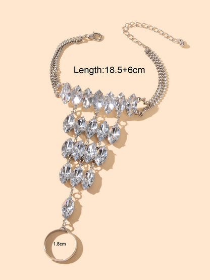 Luxury Full Crystal Silver Chain Slave Bracelet with Finger Ring Party Jewellery-1