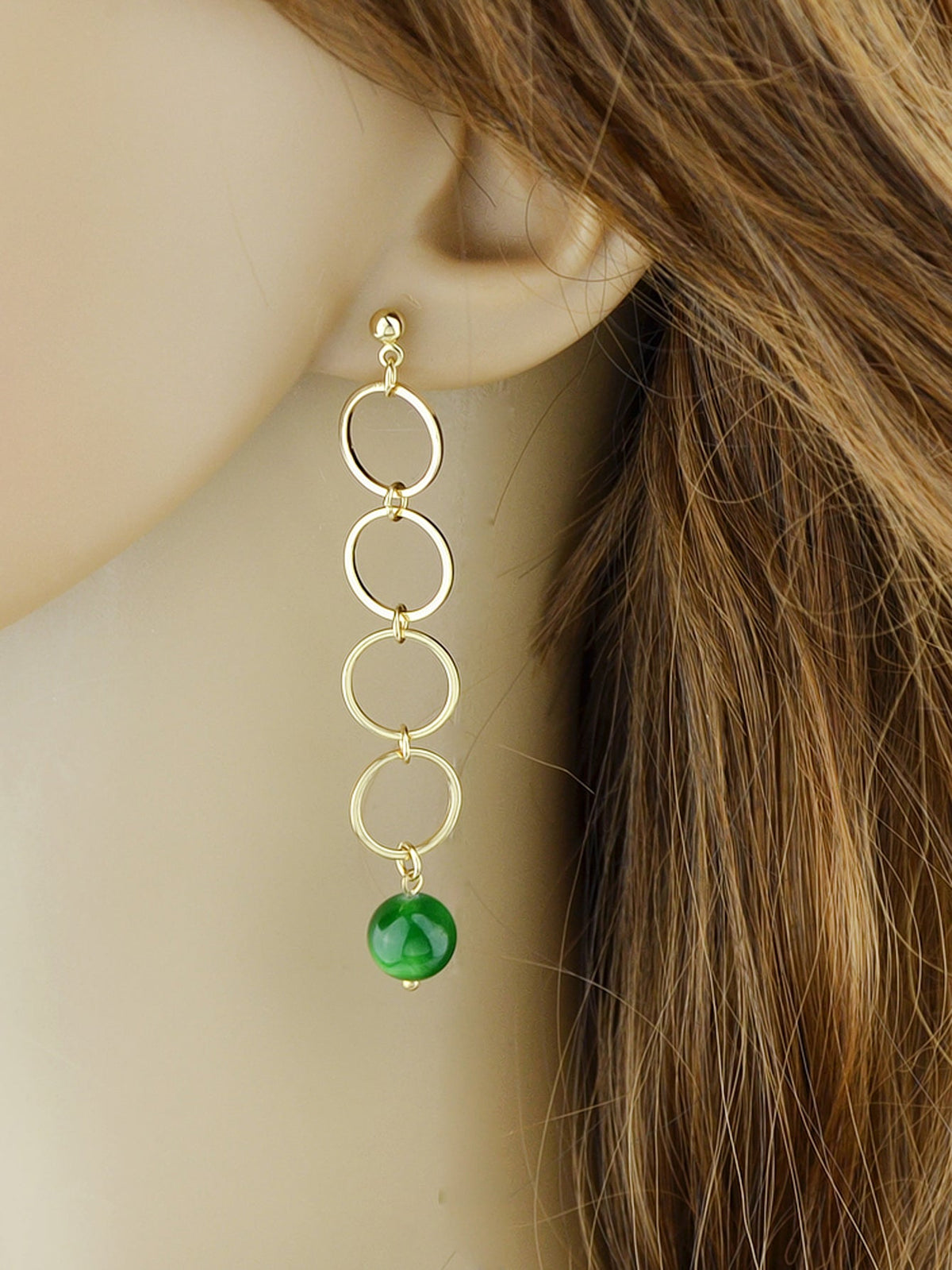 Women Party Decoration Circle Green Bead Round Strip Asymmetric Drop Earrings-1
