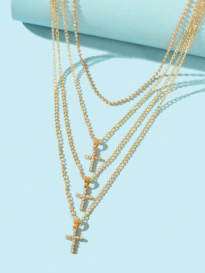 Unique Design Rhinestone Multi-layer Gold Silver Chain Cross Pendant Necklace-2