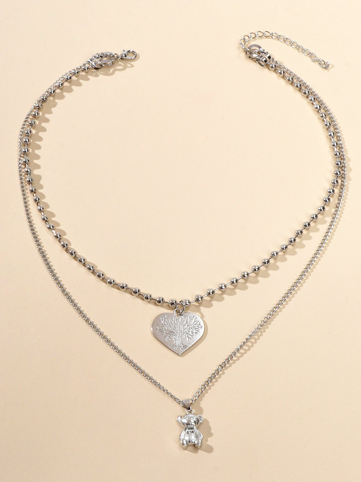 Statement Jewellery Popcorn Double layer Silver Chain Heart Bear Charm Necklace-1