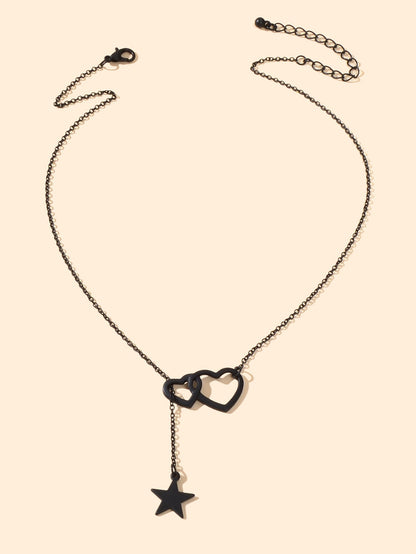 Black Chain Double Hearts Linked Star Pendant Y Lariat Necklace Clavicle Collar-1