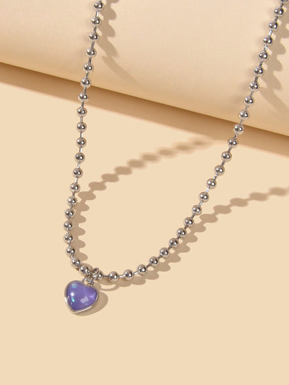 Party Decoration Popcorn Beads Silver Chain Purple Love Heart Charm Necklace-1