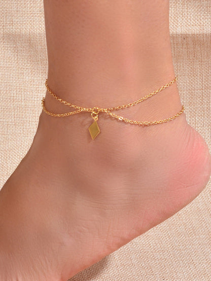 Bohemian Foot Beach Jewellery Double Layer Chain Rhombus Geometric Charm Anklet-5