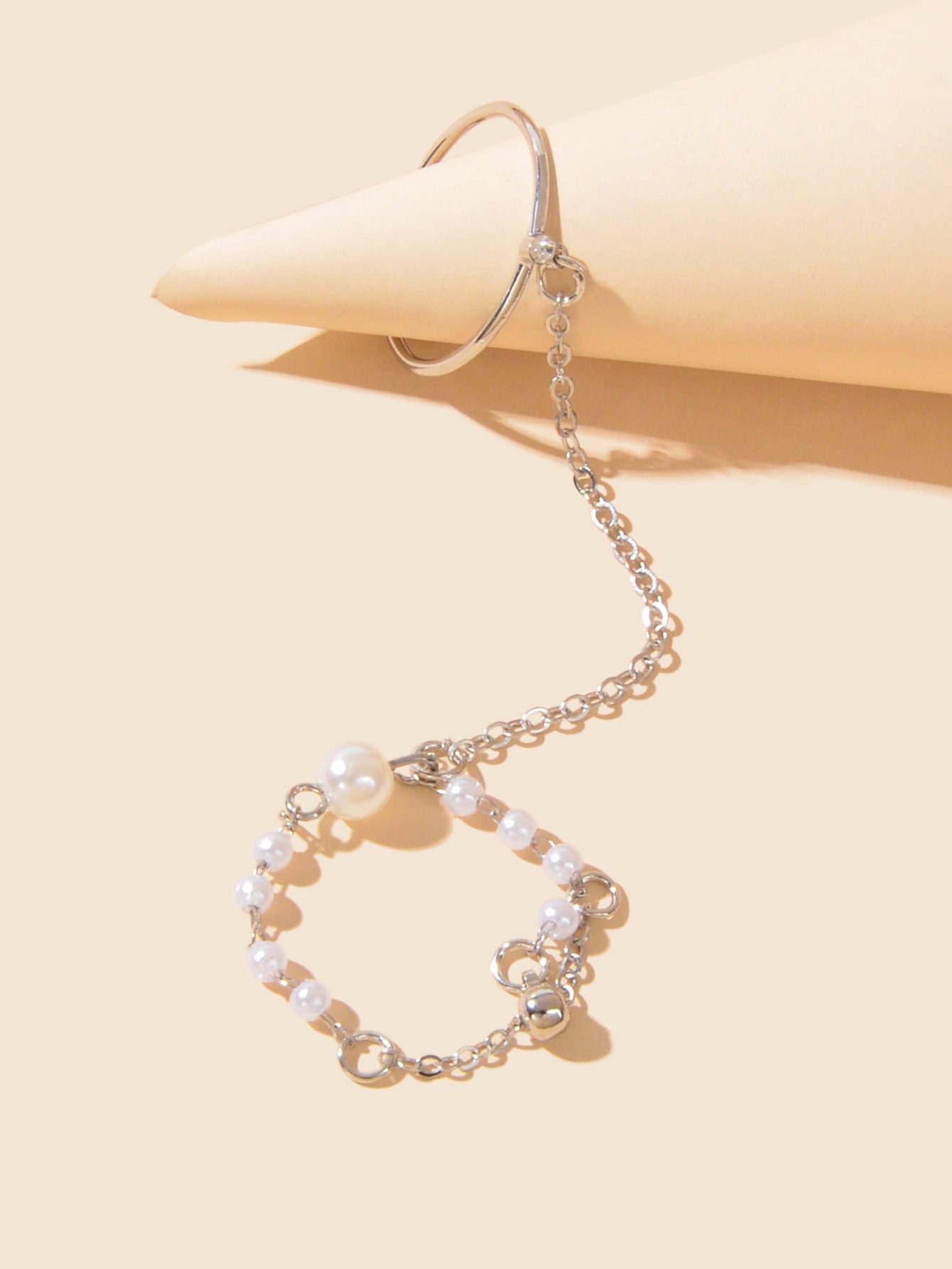 Pearl Punk Stackable Knuckle Chain Tassel Double Finger Midi Rings-4