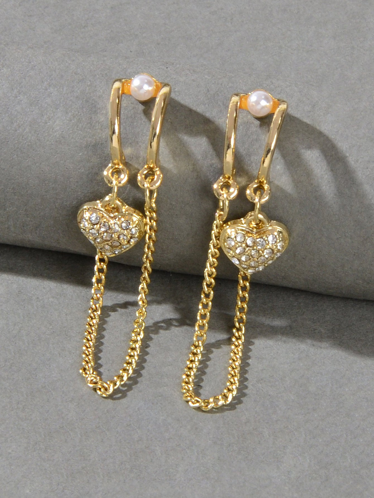 Unique Cubic Zirconia Hypoallergenic Gold Tassel Chain Heart Piercing Earrings-1