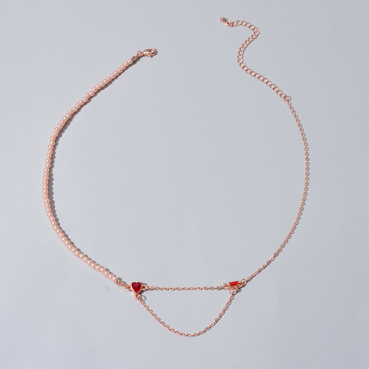 Perfect Engagement Gift Rosegold Chain Pearl Heart Sqaure Red Crystal Necklace-1