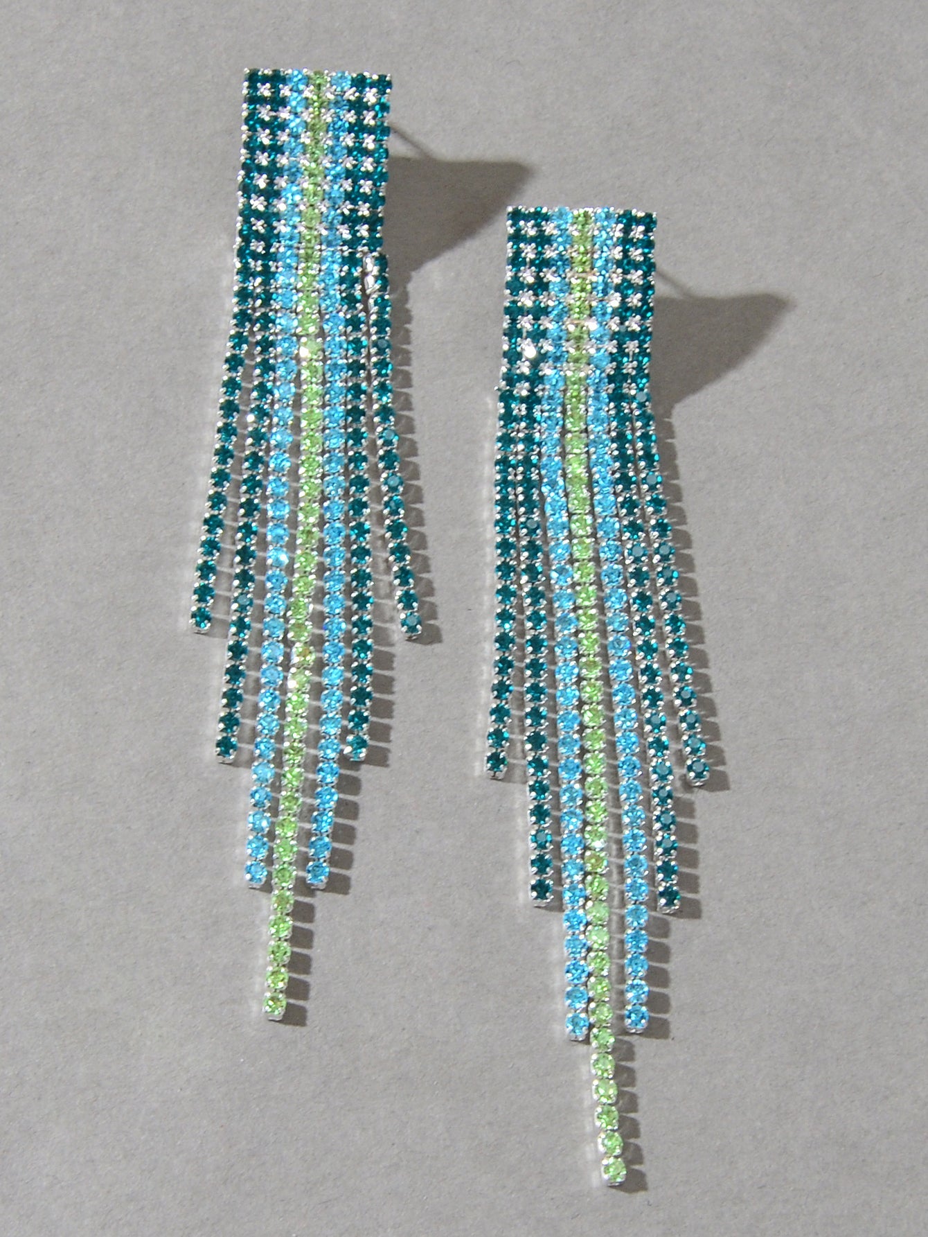 Sparkling Tassel Full Blue Rhinestone Fringe Chain Pierced Chandelier Earrings-1