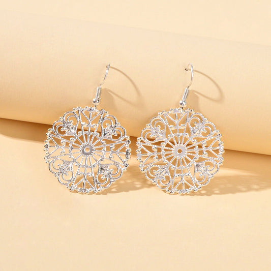 Ladies Jewellery Hollow Gold Silver Flower Pattern Round Trendy Dangle Earrings-0