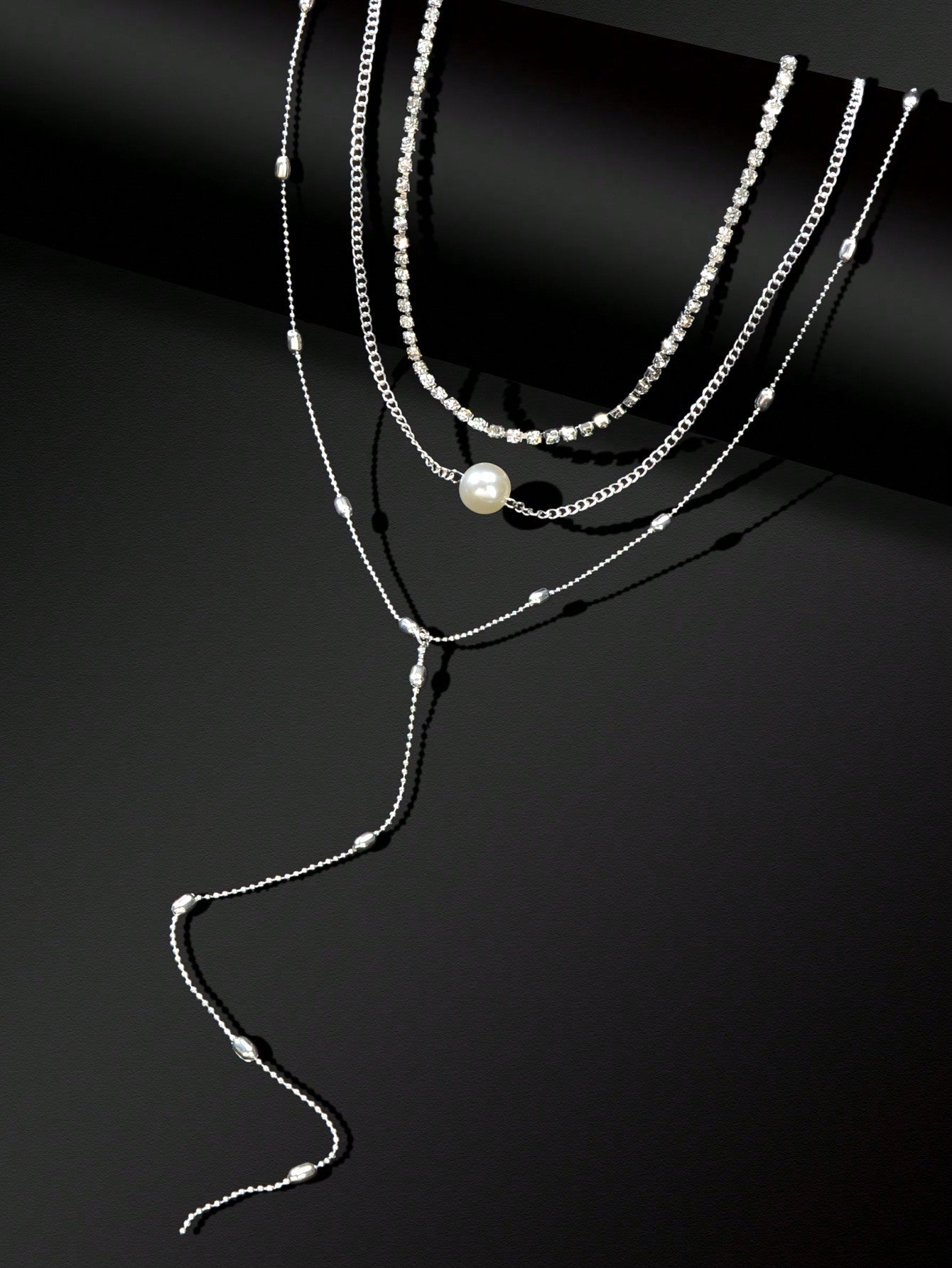 Silver Triple-Layer Chain Long Tassel Necklace Elegant Statement Piece-2