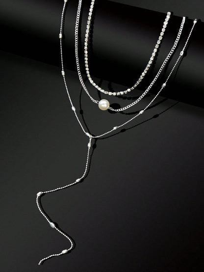 Silver Triple-Layer Chain Long Tassel Necklace Elegant Statement Piece-2