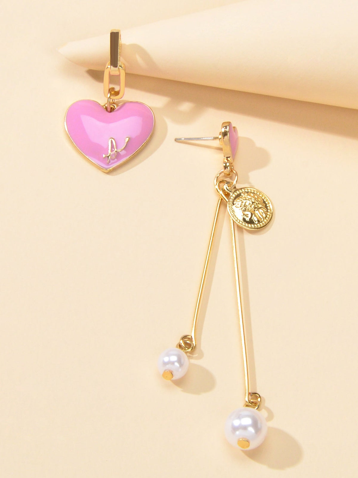 Valentine's Day Jewellery Pearl Cion Charm Pink Enamel Heart Asymmetric Earrings-1