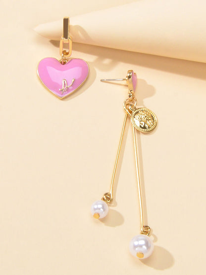 Valentine's Day Jewellery Pearl Cion Charm Pink Enamel Heart Asymmetric Earrings-1