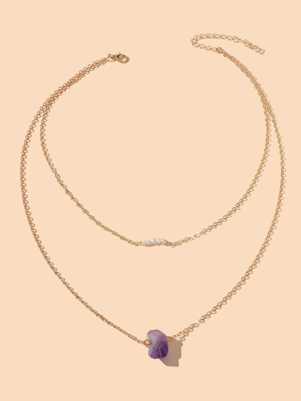 Boho Chic Jewellery Pearl Decor Double layer Chain Purple Stone Pendant Necklace-1
