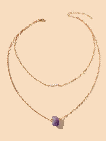 Boho Chic Jewellery Pearl Decor Double layer Chain Purple Stone Pendant Necklace-1