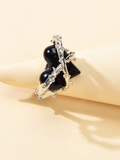 Silver Metal Wrap Black Heart Open Cuff Ring Perfect Engagement Gift Jewellery-1