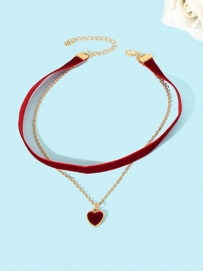 Burgundy Sphere Balls Pendant Earrings Double Layer Winered Heart Necklace Set-2