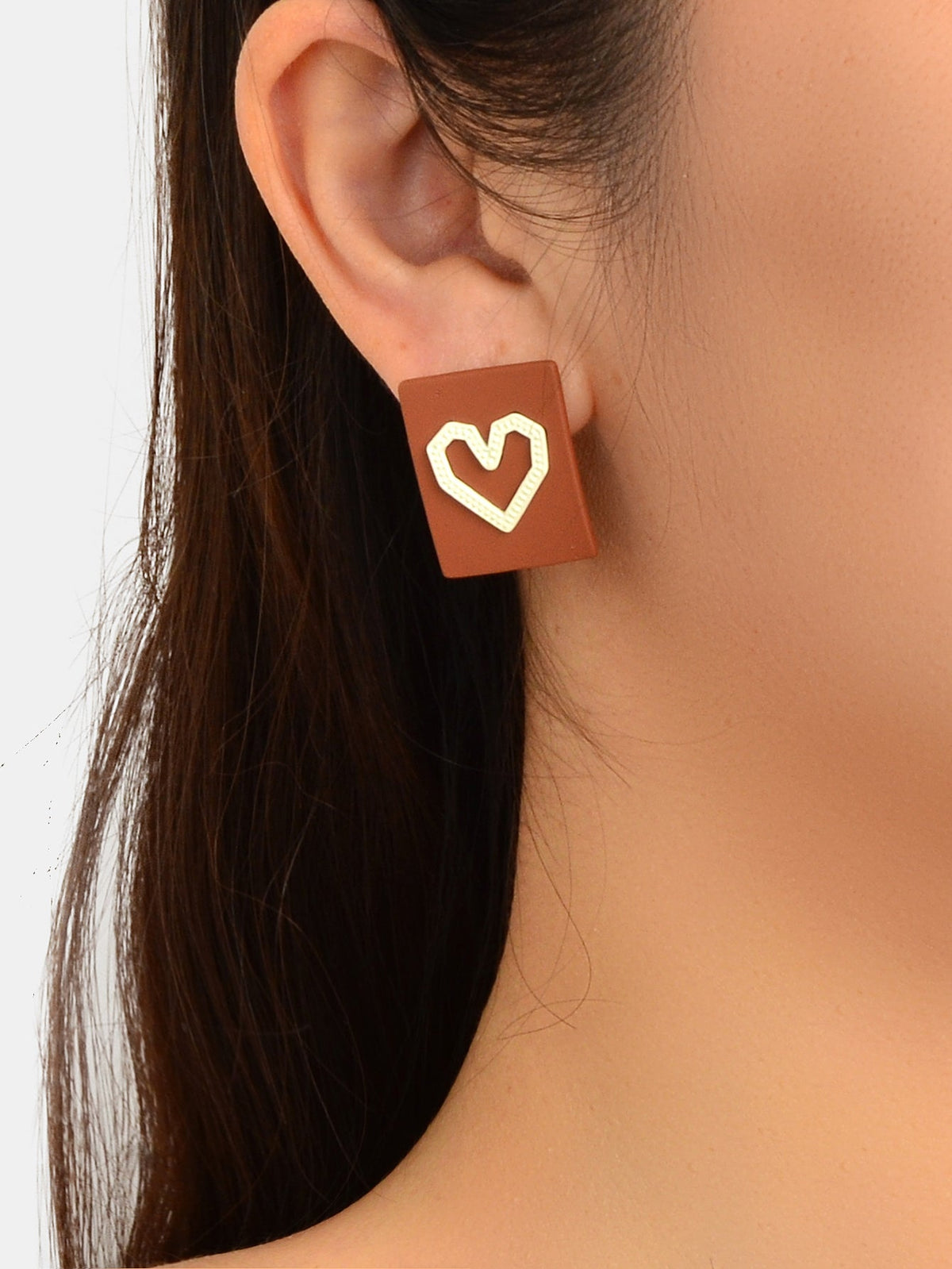 Girlfriend Gift Jewellery Love Heart Brown Square Stud Hypoallergenic Earrings-1