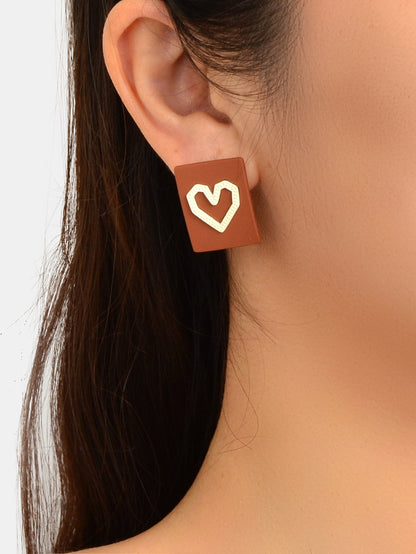 Girlfriend Gift Jewellery Love Heart Brown Square Stud Hypoallergenic Earrings-1
