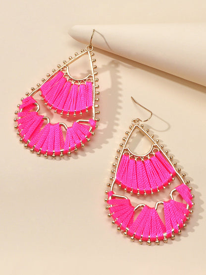 Indian Traditional Handmade Braided Beige Hotpink Ethnic Water Drop Earrings-1