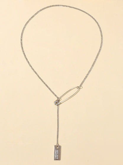 Punk Hip Hop Goth Style Gold Silver Chain Pin Square Pendant Y Lariat Necklace-1