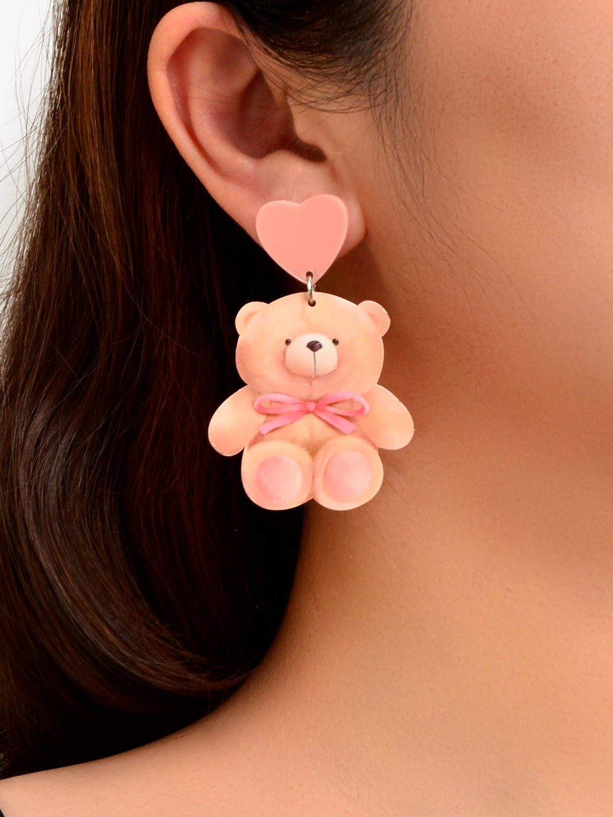 Super Sweet Pink Heart Bowknot Bear Acrylic Dangle Stud Earrings Birthday Gift-1