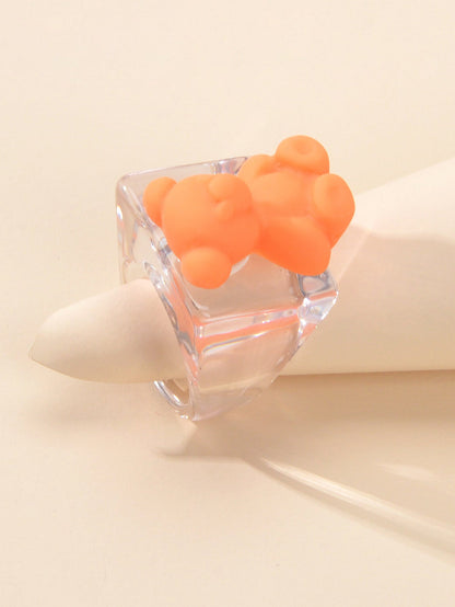 3D Cartoon Purple Orange Bear Plastic Transparent Chunky Trendy Finger Ring Gift-1