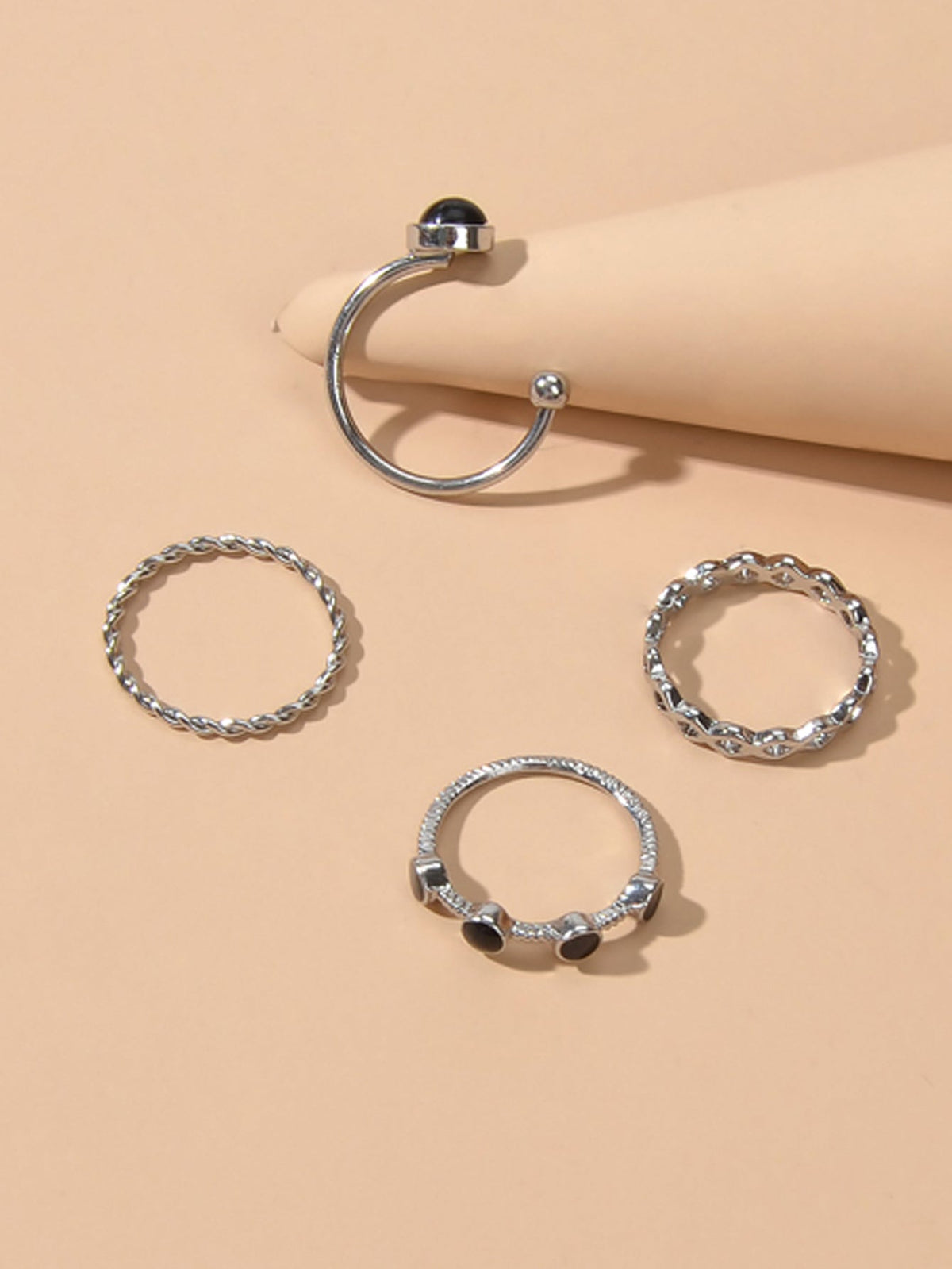 4 pcs Black Enamel Beads Silver Midi Finger Knuckle Multiple Rings set Bulk Pack-1