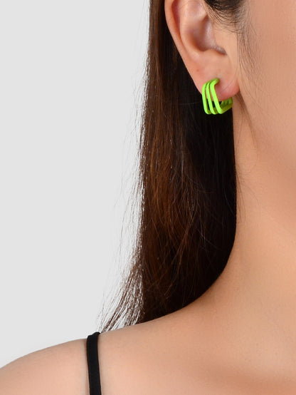 Unique Designer Yellow Green Geometric Personality Asymmetric Hoop Stud Earrings-1