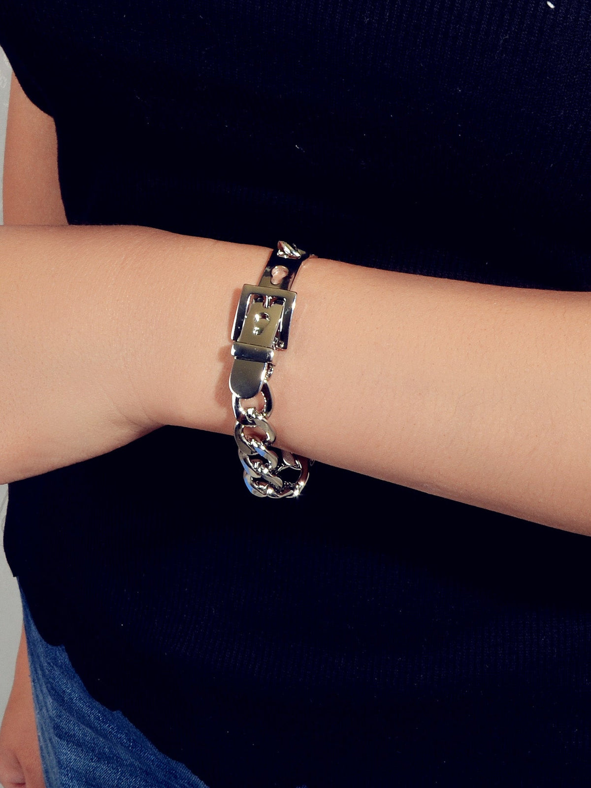Punk Goth Hip Hop Style Silver Stainless Steel Thick Belt Shape Bracelet Gift-1
