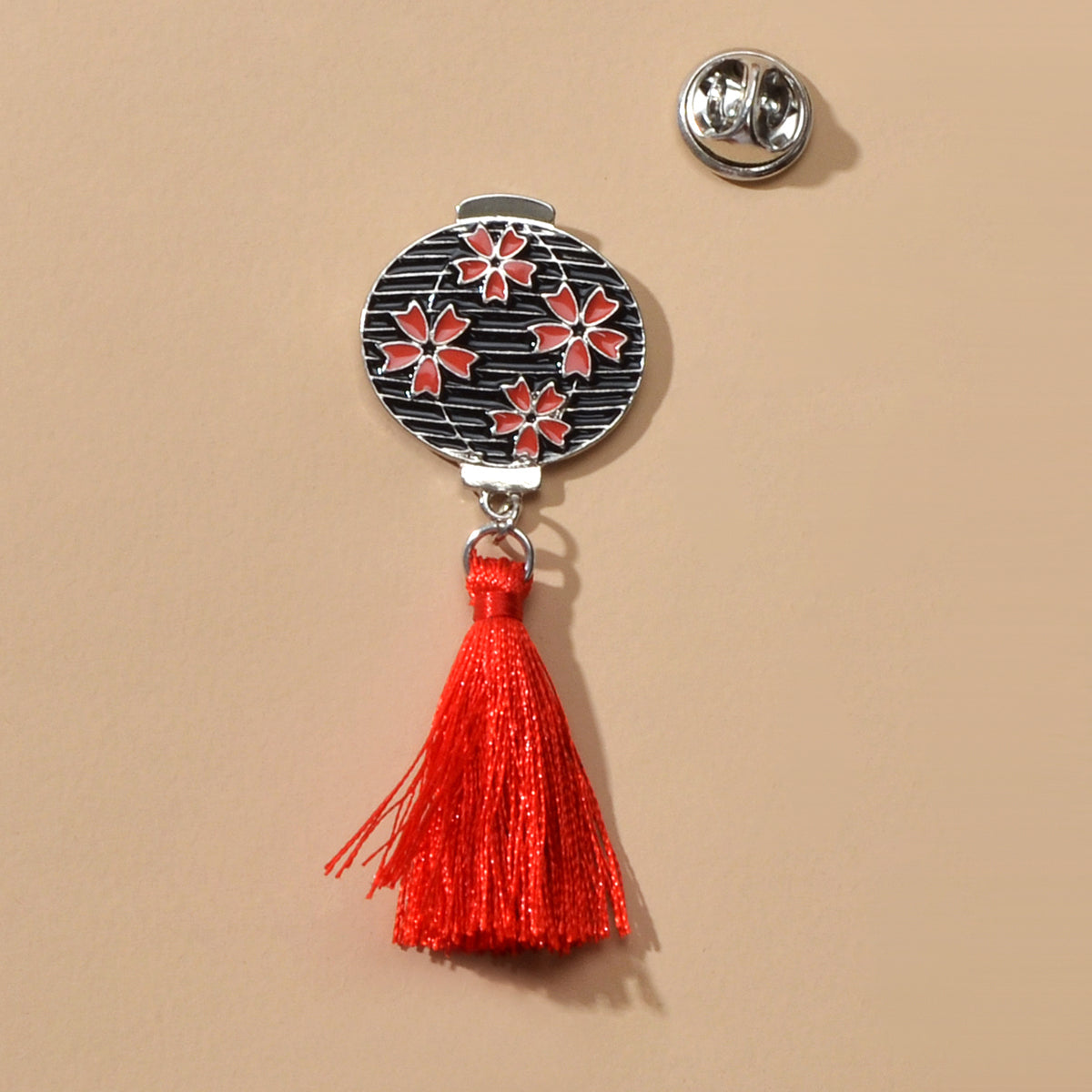 Chinese Ethnic Style Red Flower Black Lantern Brooch with Tassel Lapel Pin Badge-1