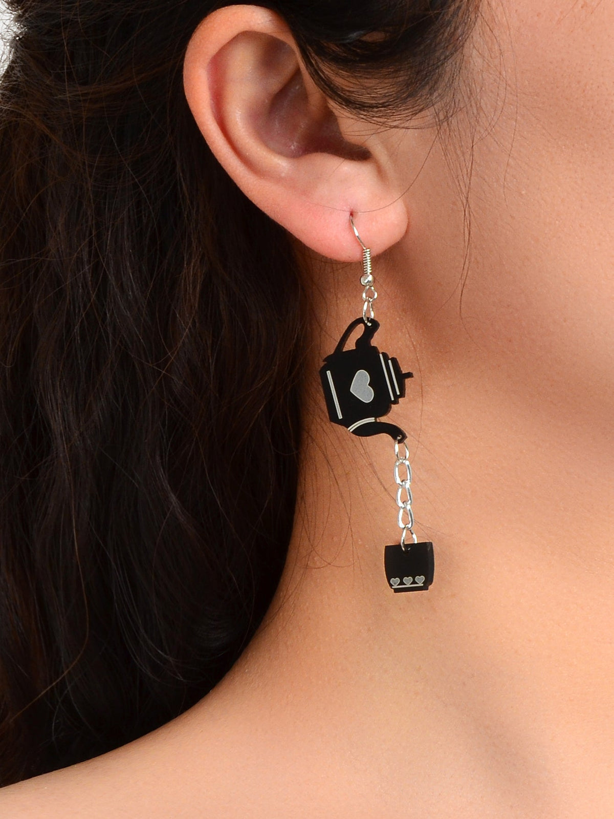 Heart Pattern Black Resin Teapot Cup Dangle Punk Hip Hop Earrings Teens Jewelry-1