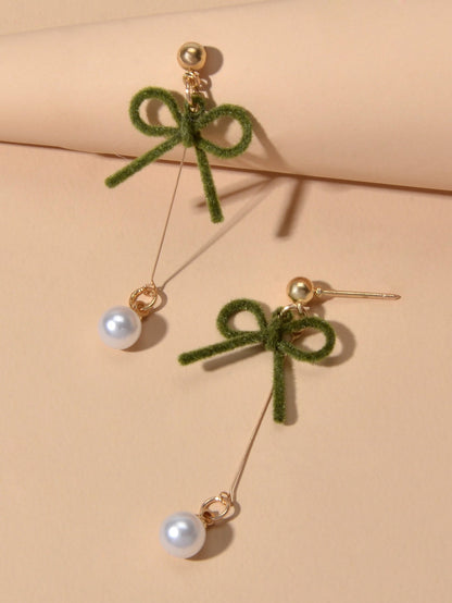 Charming Long Gold Chain Pearl Bowknot Dangle Lightweight Gift Holiday Earrings-4