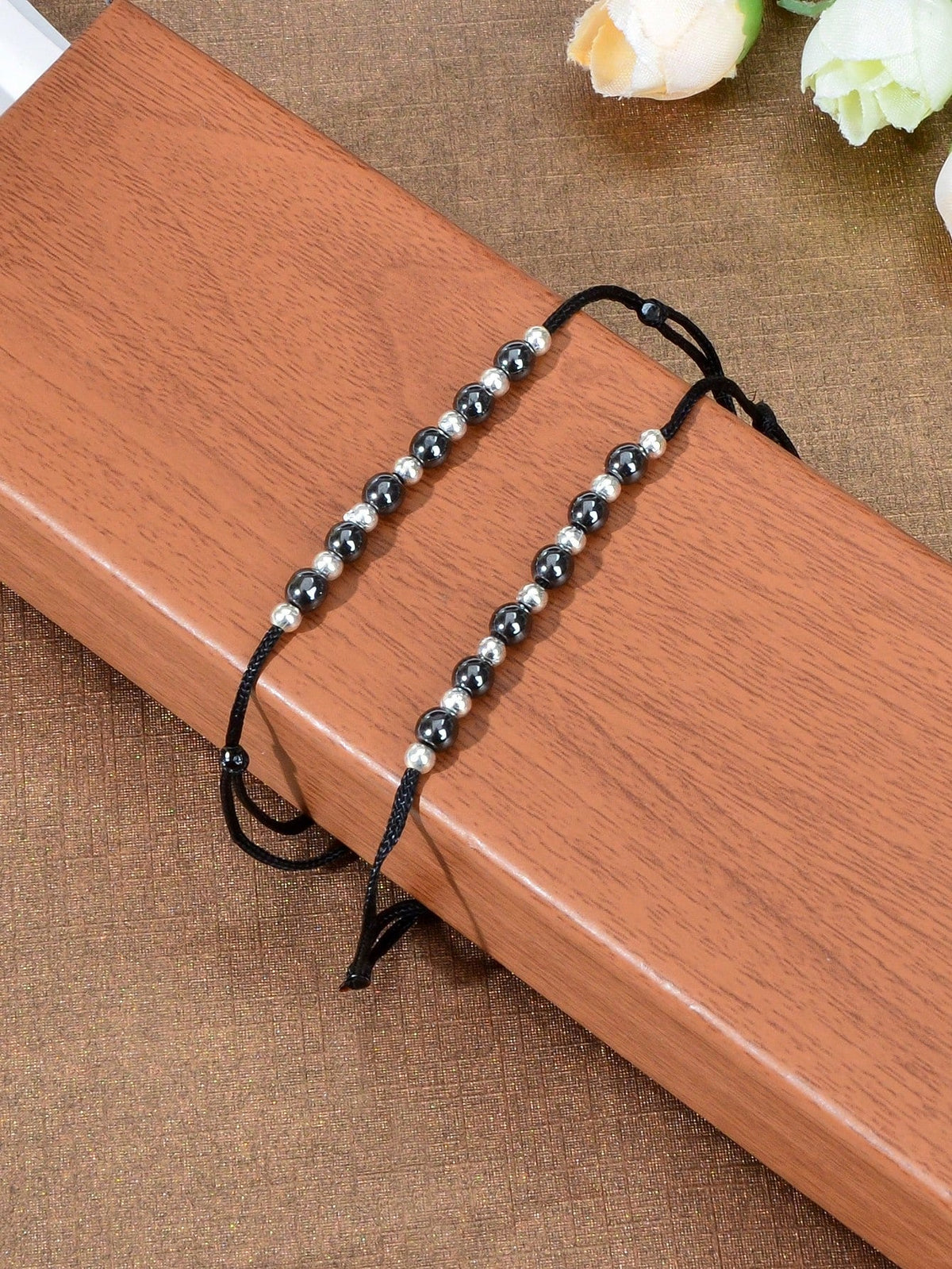 2pcs Bead Black Rope Adjustable Anklet Matching Couple Best Friend Foot Jewelry-2
