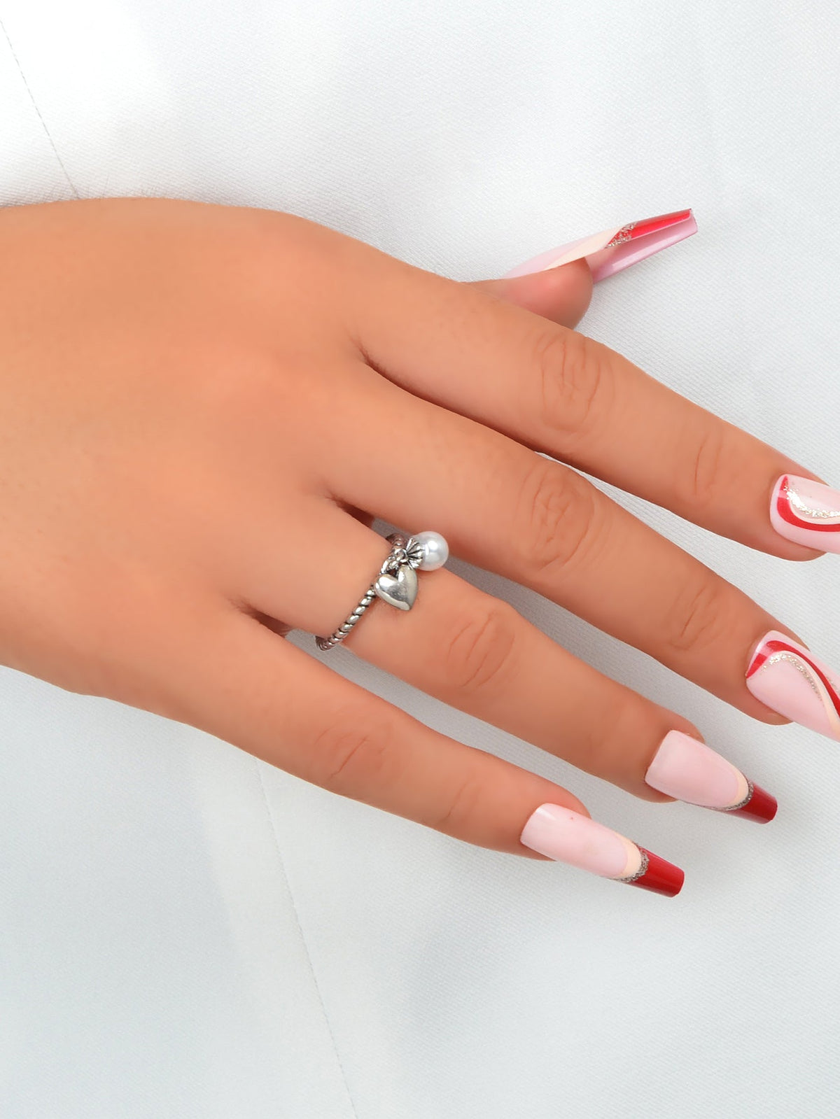 Vintage Silver Statement Antique Pearl Heart Charm Open Cuff Ring Women's Band-1